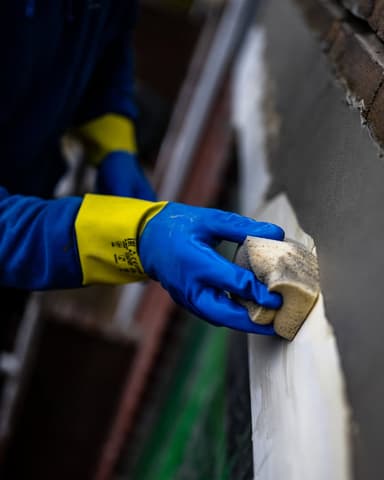 Vakman met PBM reinigt gevel met SteamPlus techniek op steiger in Nieuw-Beijerland