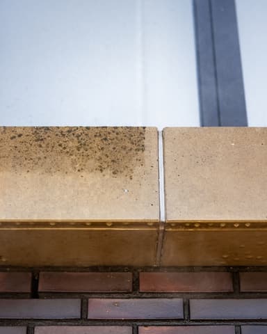 Betonband met mosgroei en vervuiling voor reiniging bij bedrijfspand in Monster