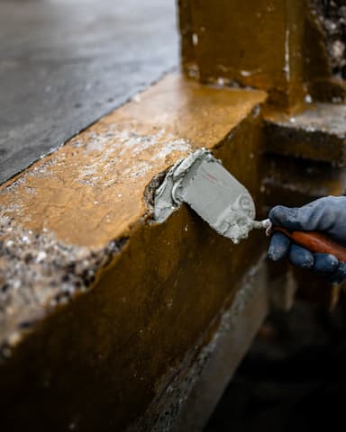 Vakman repareert betonlatei bij gevel van kerk in Tinte door Hydro Groep