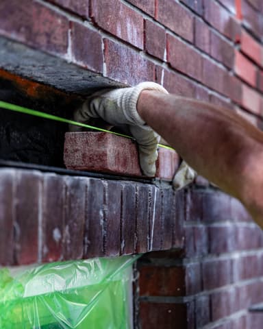 Medewerker vervangt stenen bij lateiherstel op steiger tijdens betonreparatie in Den Haag