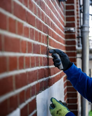 Medewerker boort in metselwerk voor vrijhakken van bint bij conserveren metselwerk Hofsingel Vlaardingen