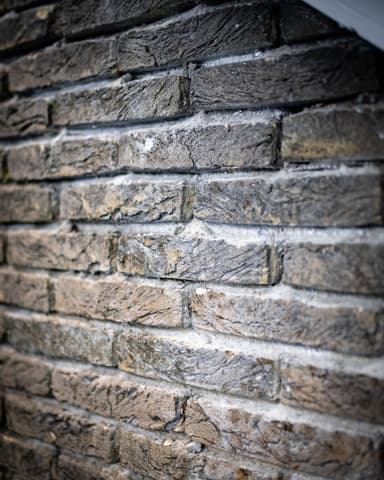 Detail verweerd voegwerk met mosgroei in hoek in Bergschenhoek voor conserveren door Hydro Groep