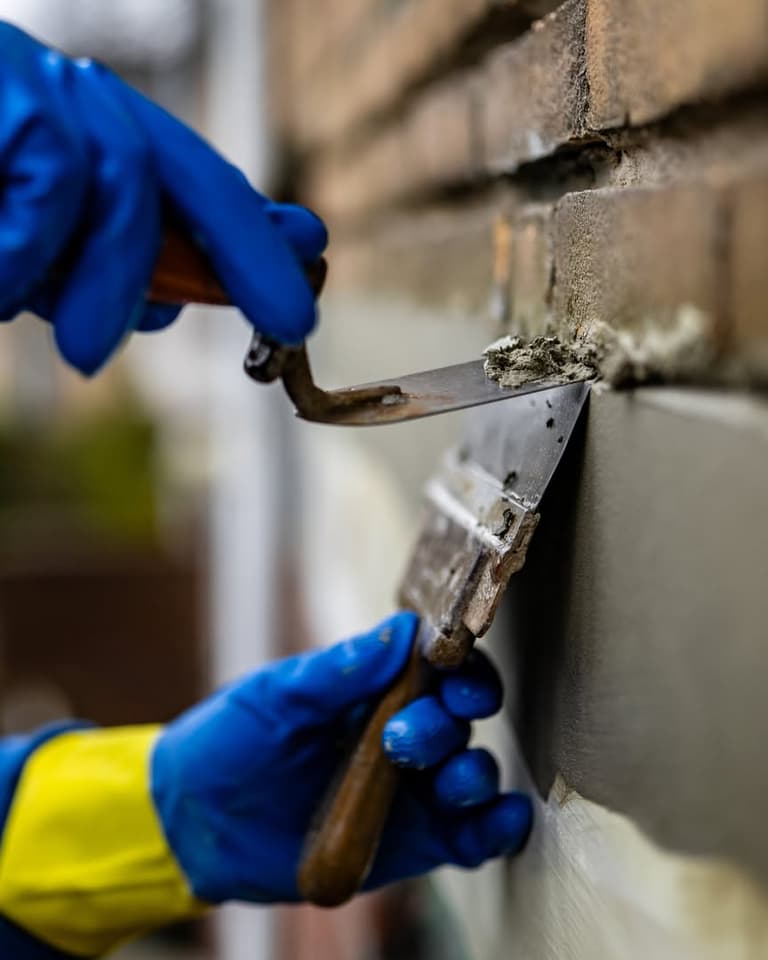 Vakman mengt voegmortel op steiger bij bakstenen gevel in Nieuw-Beijerland
